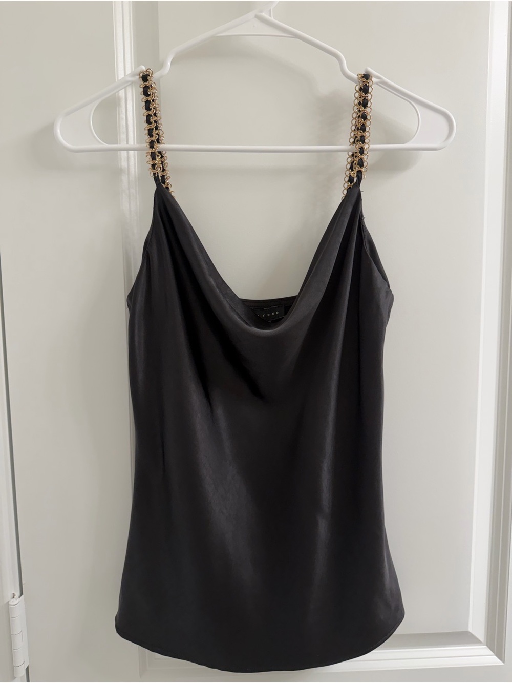 Endless Rose Black Satin Cowl Tank with Gold Chain Straps